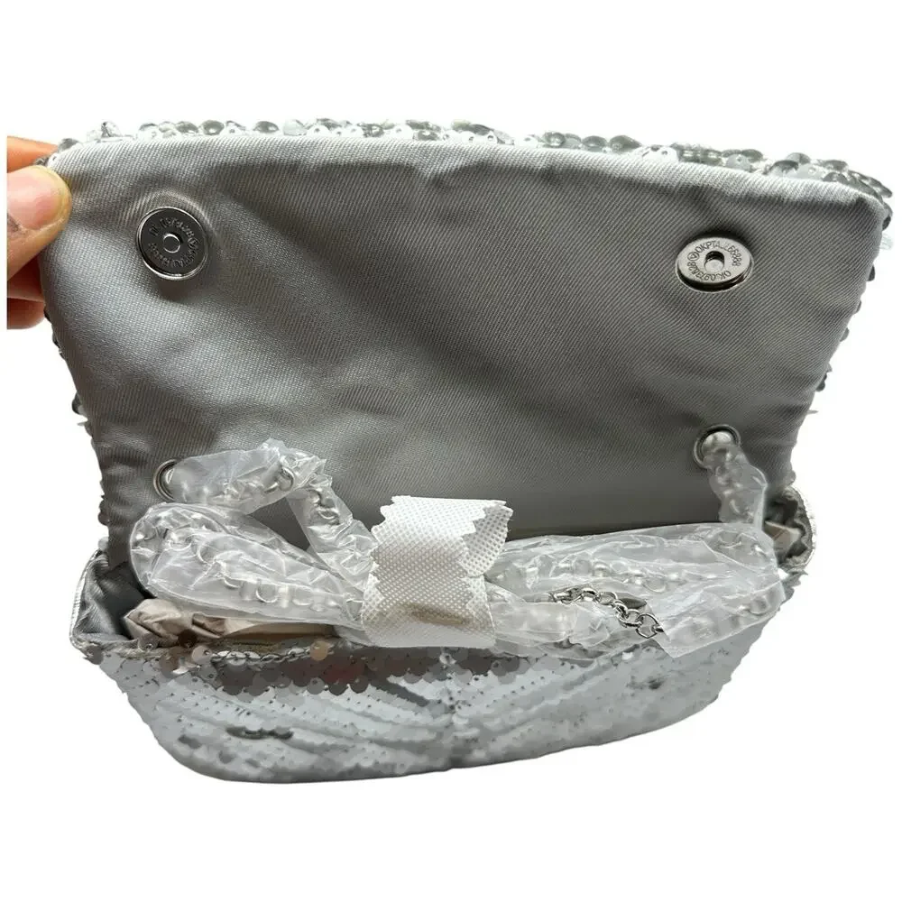 Nicole Miller Sequin Chevron Quilted Shoulder‎ Bag Chain Crossbody Purse Puffy